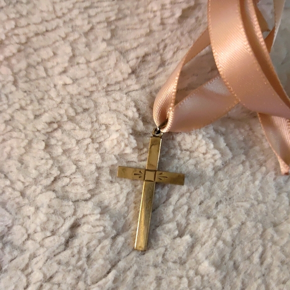 Handmade Ribbon Necklace with Vintage Gold Cross Pendant - Picture 2 of 5